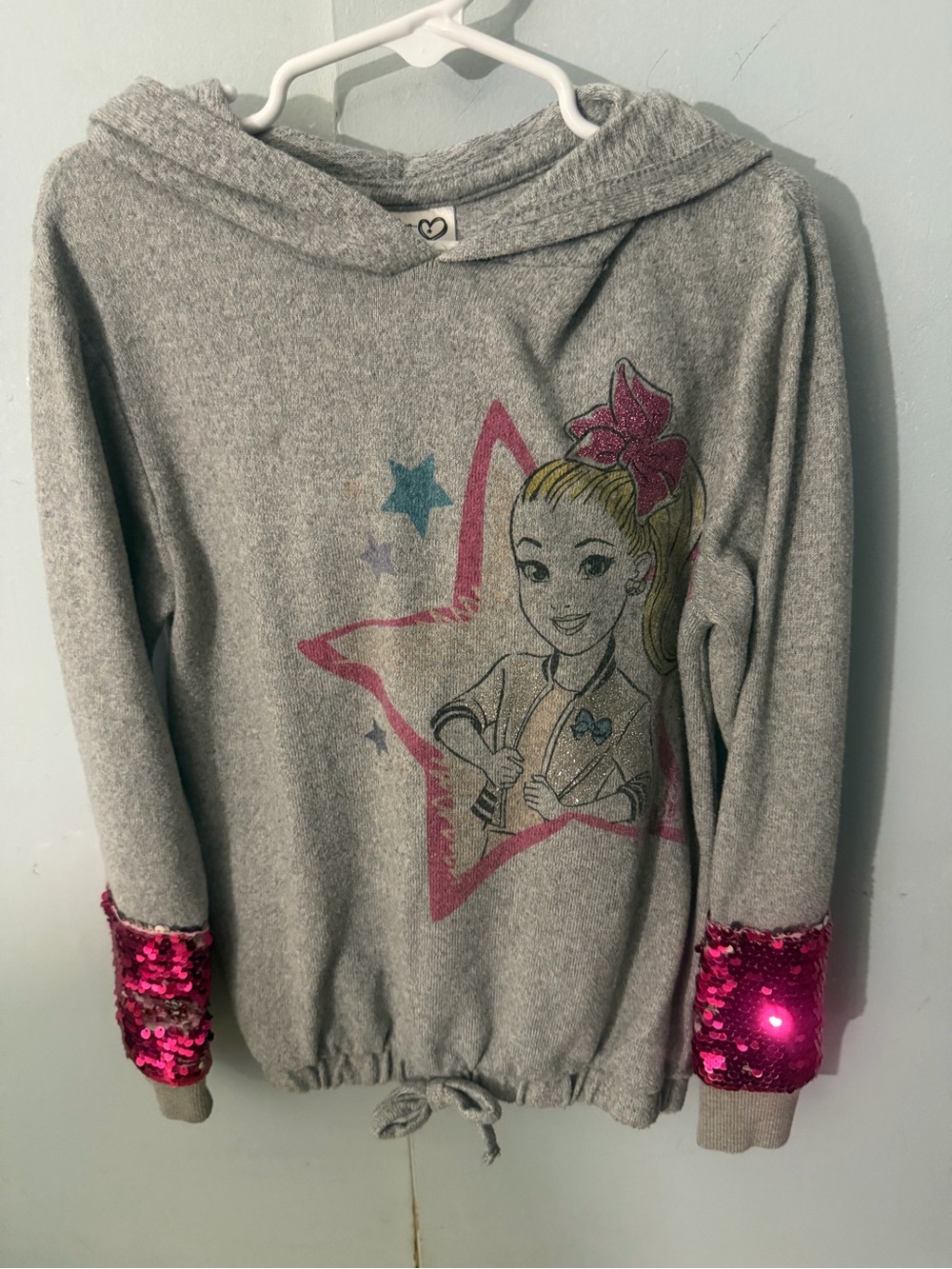 JoJo Siwa Gray Hoodie with Pink Sequin Cuffs and Multicolor Star Graphic